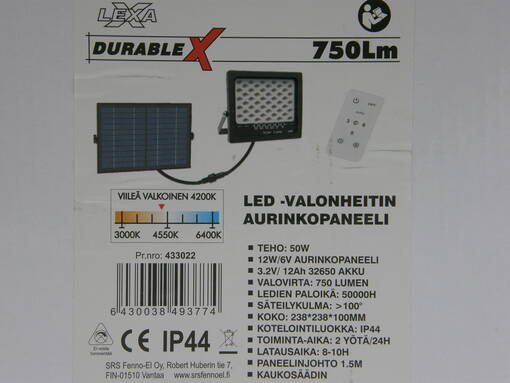 Led-valonheitin aurinkopaneelilla 50w 750lm -  - 10-261690 - 1